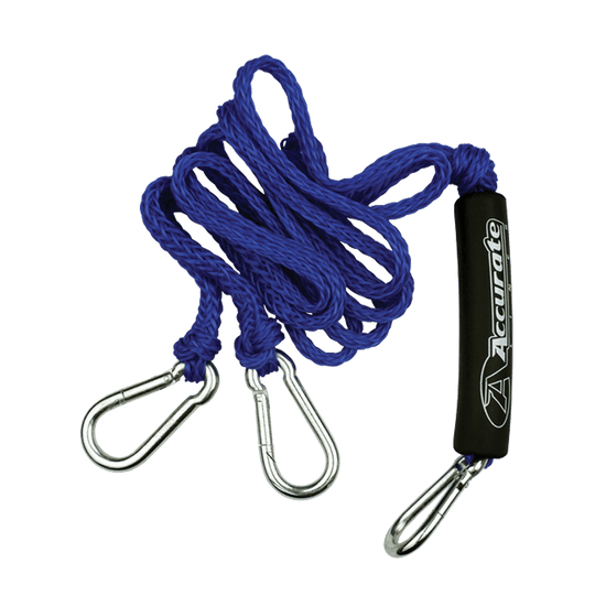 Rope Boat Tow Harness: blue rope, metal hooks, black handle, Wake Rope Connection.