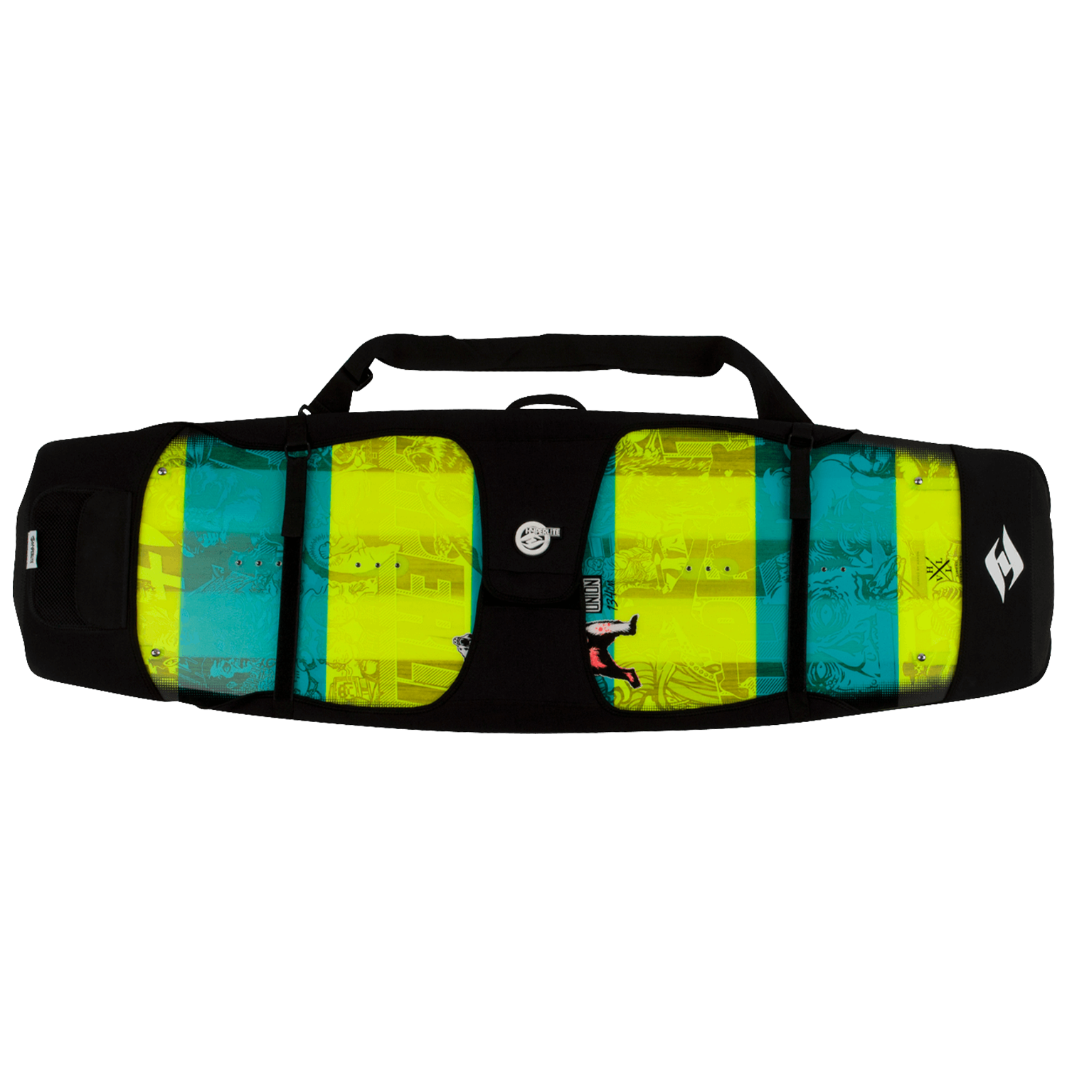 Rubber Wrap with vibrant blue and yellow stripes and graphic designs.