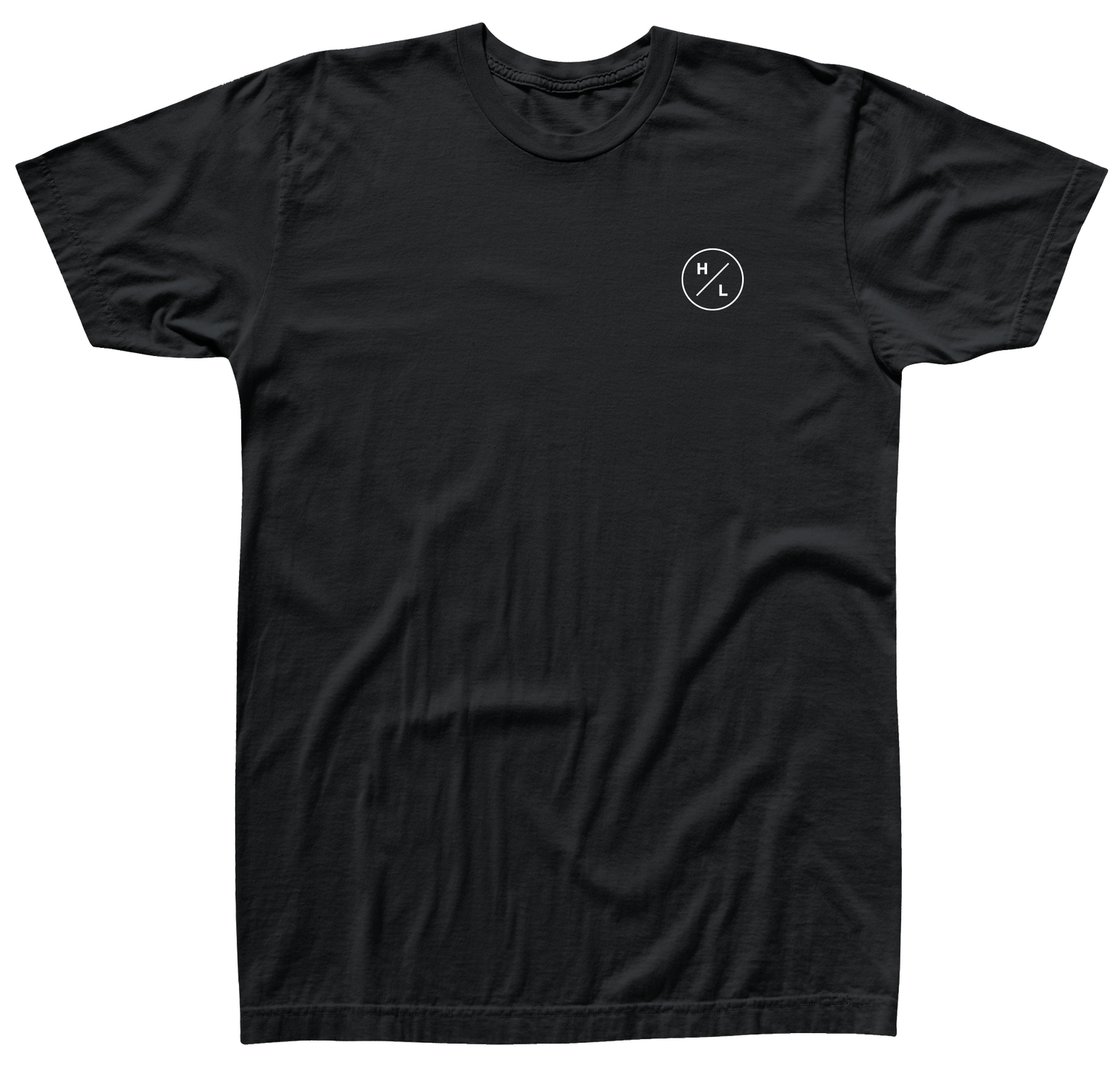 Black Shop Tee with a small circular logo on the left chest.