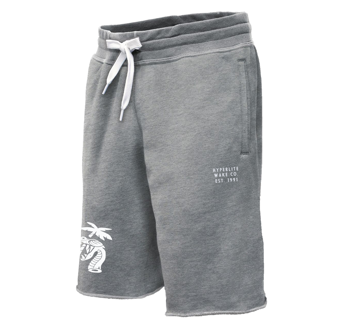 Slider Sweat Short in gray Terry fleece with white drawstring and palm tree graphic.