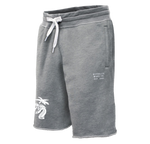 Slider Sweat Short in gray Terry fleece with white drawstring and palm tree graphic.