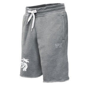 Slider Sweat Short in gray Terry fleece with white drawstring and palm tree graphic.