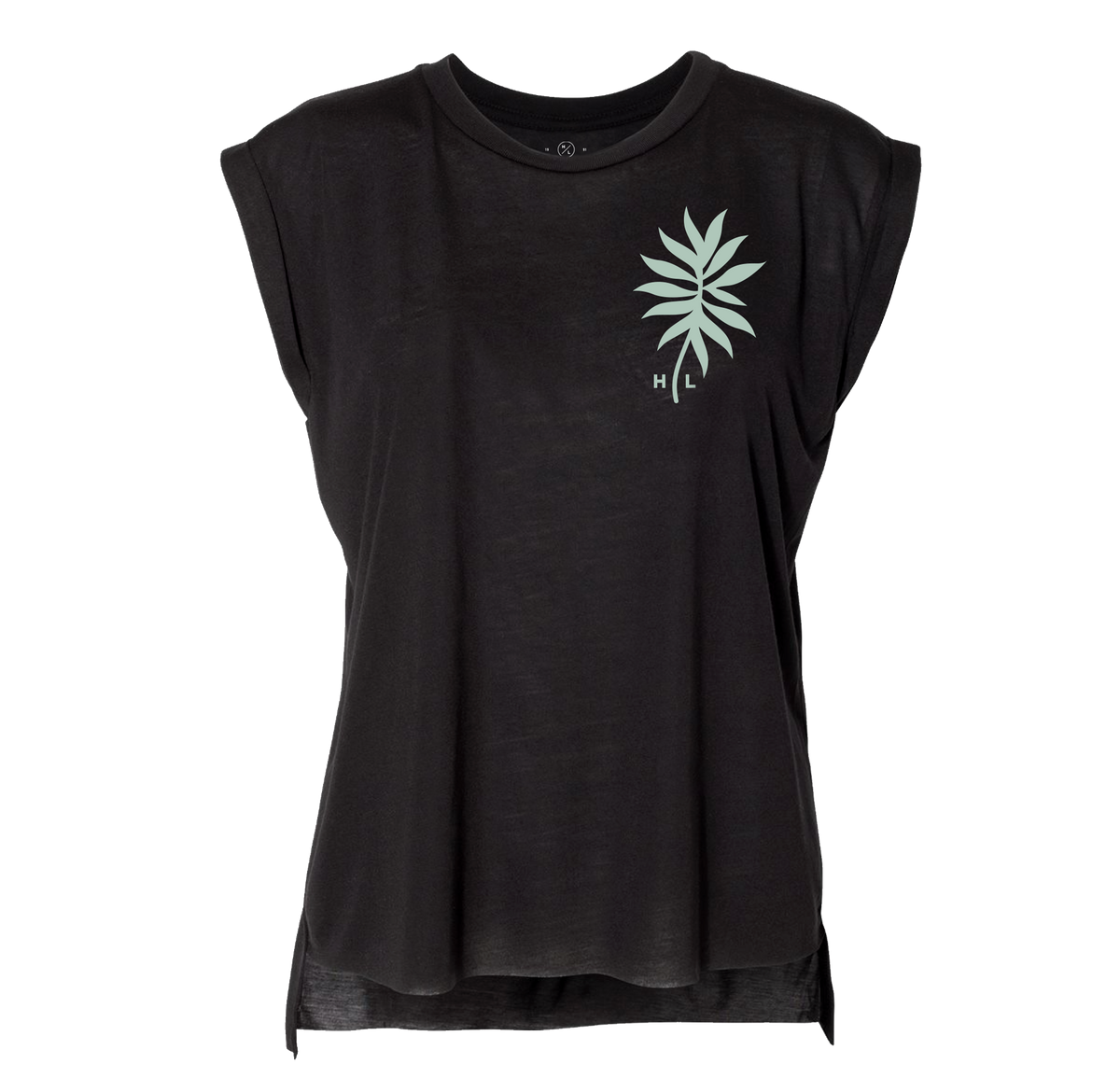 Solstice Tee: Ladies sleeveless T-shirt, green leaf design, HL letters, relaxed drapey fit.