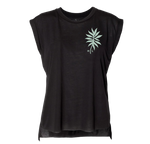Solstice Tee: Ladies sleeveless T-shirt, green leaf design, HL letters, relaxed drapey fit.
