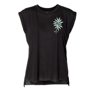 Solstice Tee: Ladies sleeveless T-shirt, green leaf design, HL letters, relaxed drapey fit.