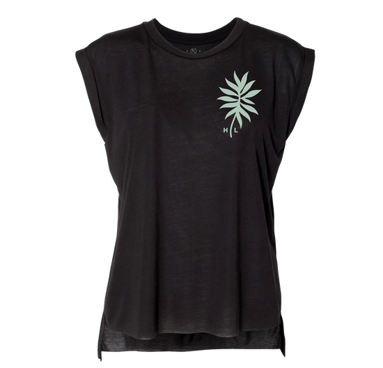 Solstice Tee: Ladies sleeveless T-shirt, green leaf design, HL letters, relaxed drapey fit.