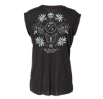 Ladies Solstice Tee: sleeveless, black with botanical design, The Good Daze text, relaxed fit.