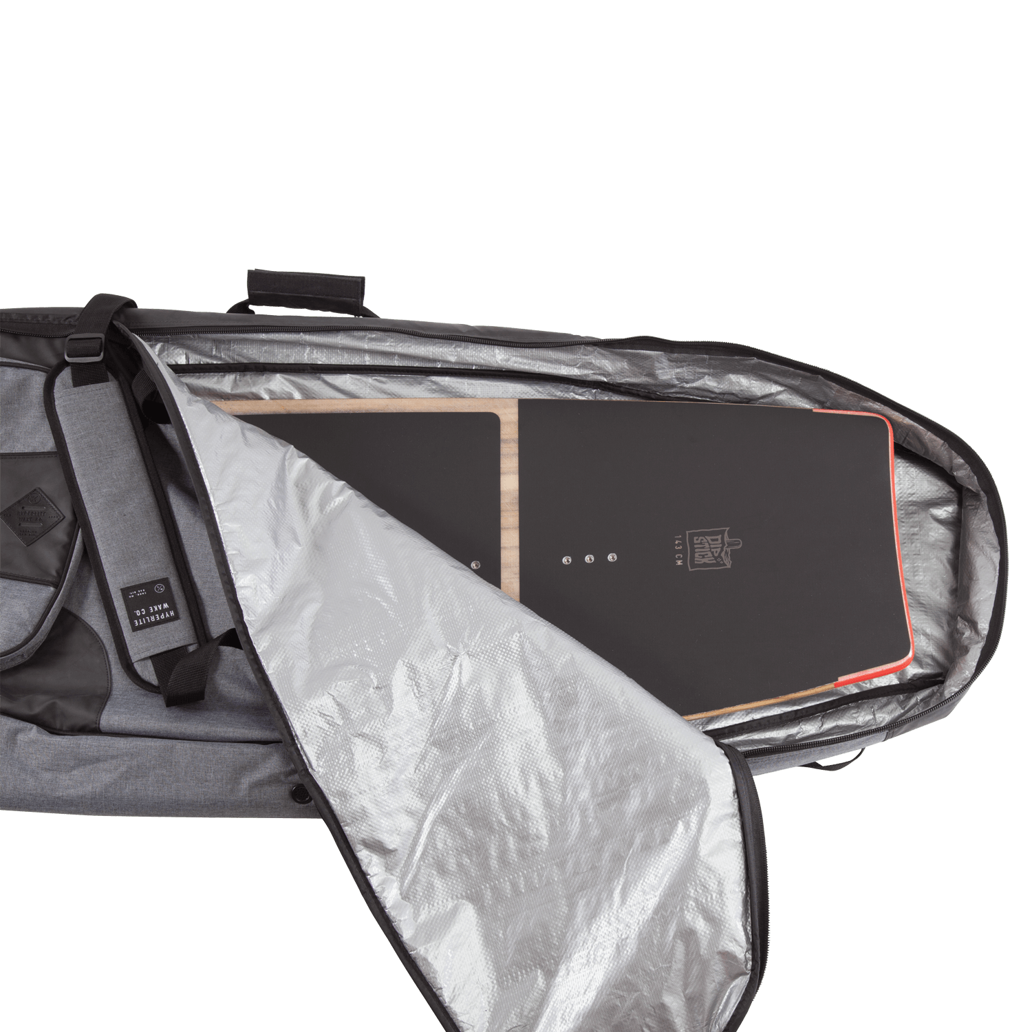 Snowboard partly visible in an open Team Bag with a padded shoulder strap.