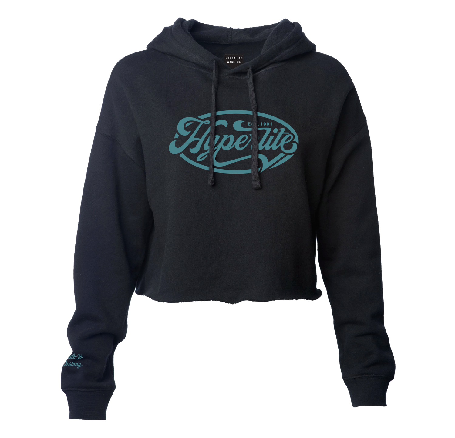 Wake Club Crop Hoodie, lightweight black with teal Hyperlite logo on the front.