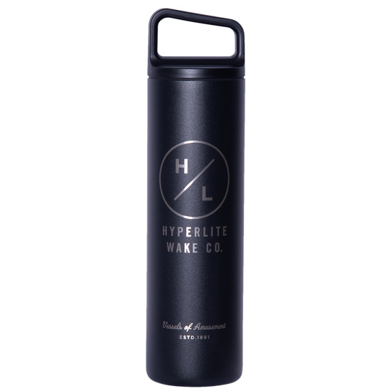 Grey stainless steel Hyperlite 20oz water bottle with silver logo and text.