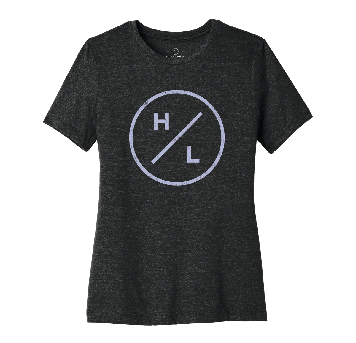 Wolfpack Tee: Black soft blend ladies T-shirt with a circular H/L logo on the front.