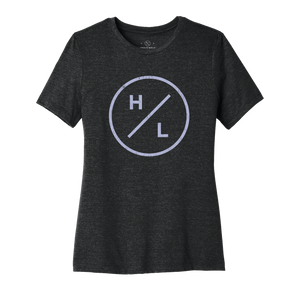 Wolfpack Tee: Black soft blend ladies T-shirt with a circular H/L logo on the front.