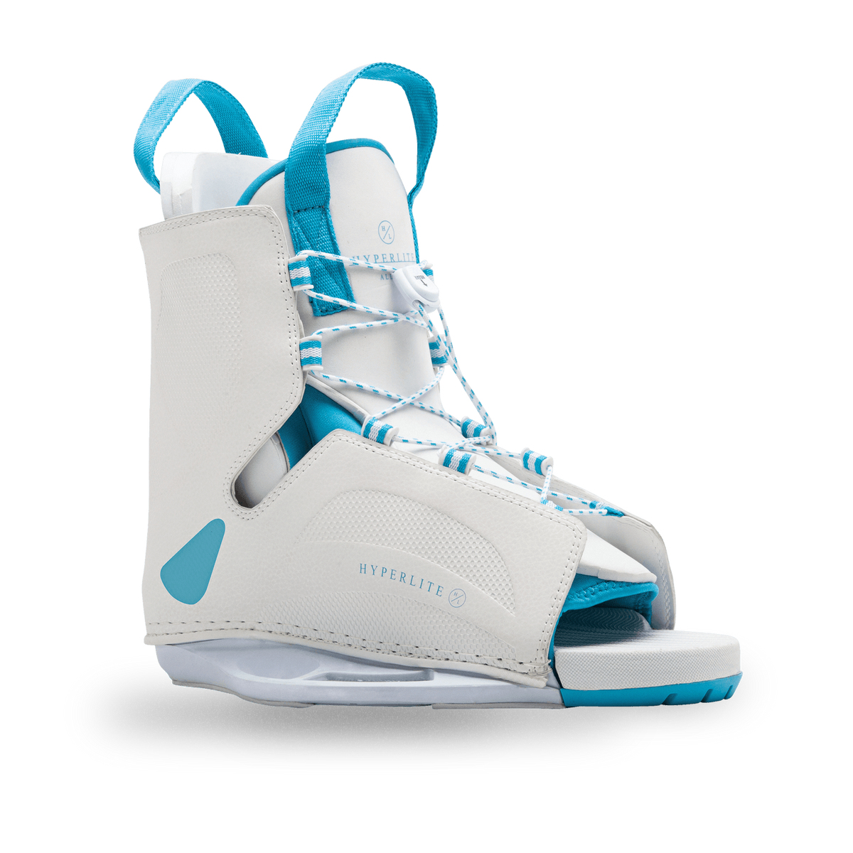 Angled view of the white Allure Binding with aqua pull loops, aqua-flecked laces, and an aqua-lined open toe.