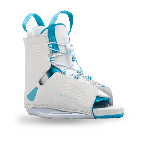 Angled view of the white Allure Binding with aqua pull loops, aqua-flecked laces, and an aqua-lined open toe.
