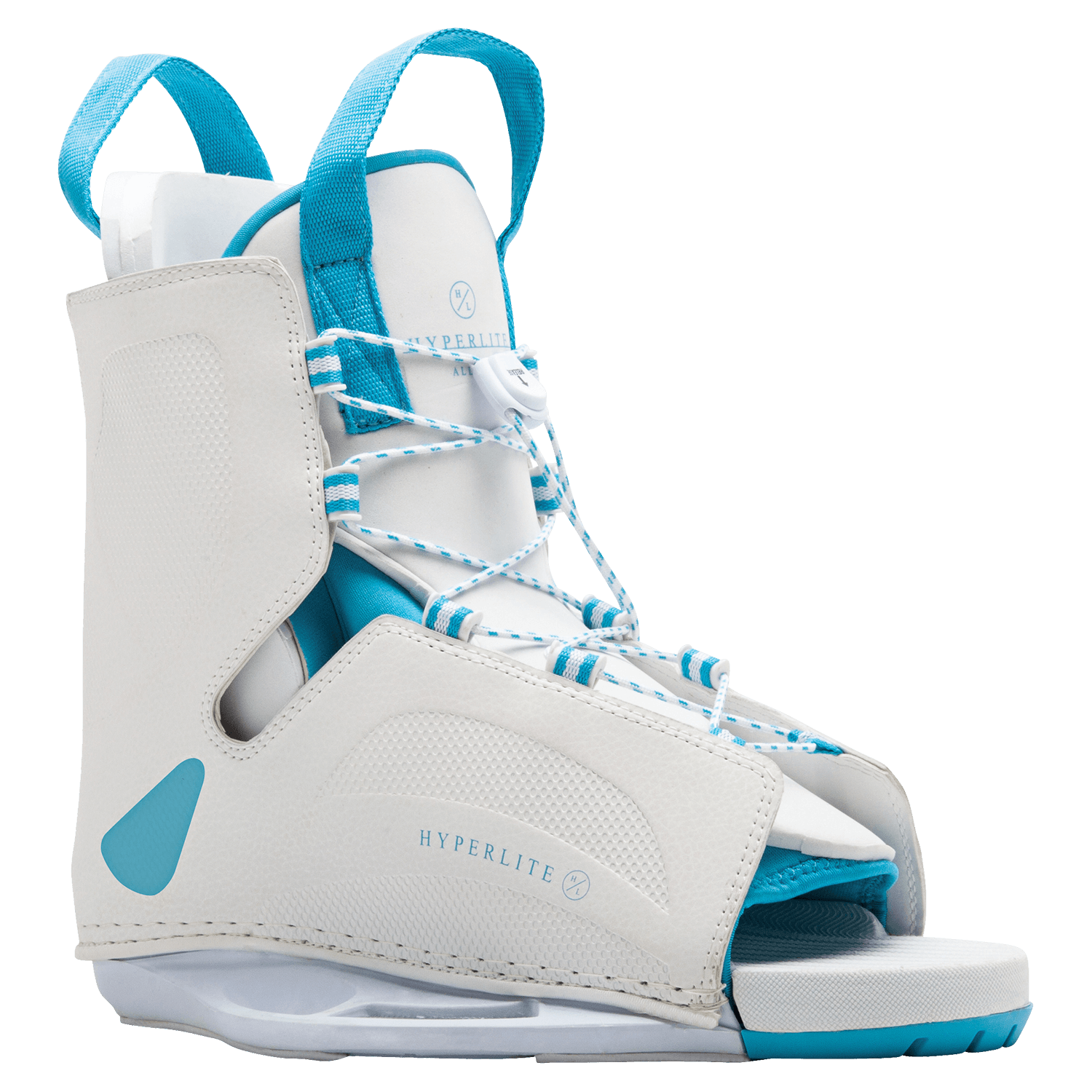 White/blue Allure Binding with laces, open toe design.