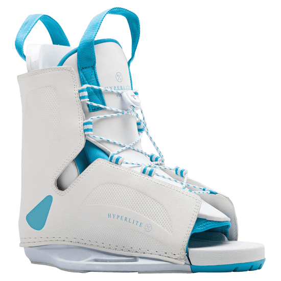 White/blue Allure Binding with laces, open toe design.