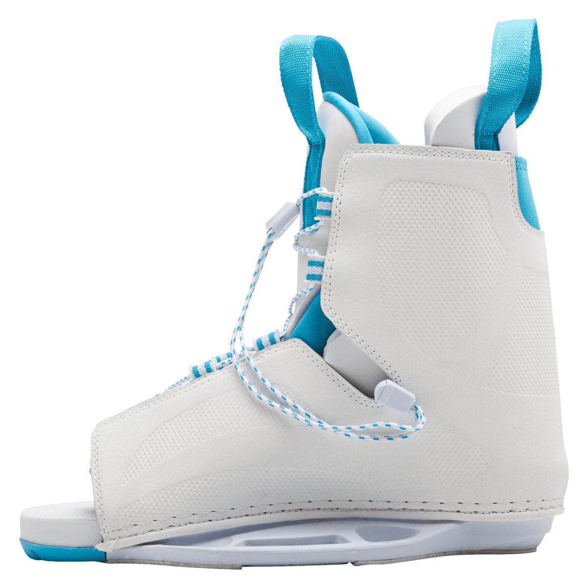 Allure Binding: White/blue wakeboard boot with laces and adjustable straps.