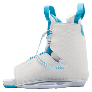 Allure Binding: White/blue wakeboard boot with laces and adjustable straps.