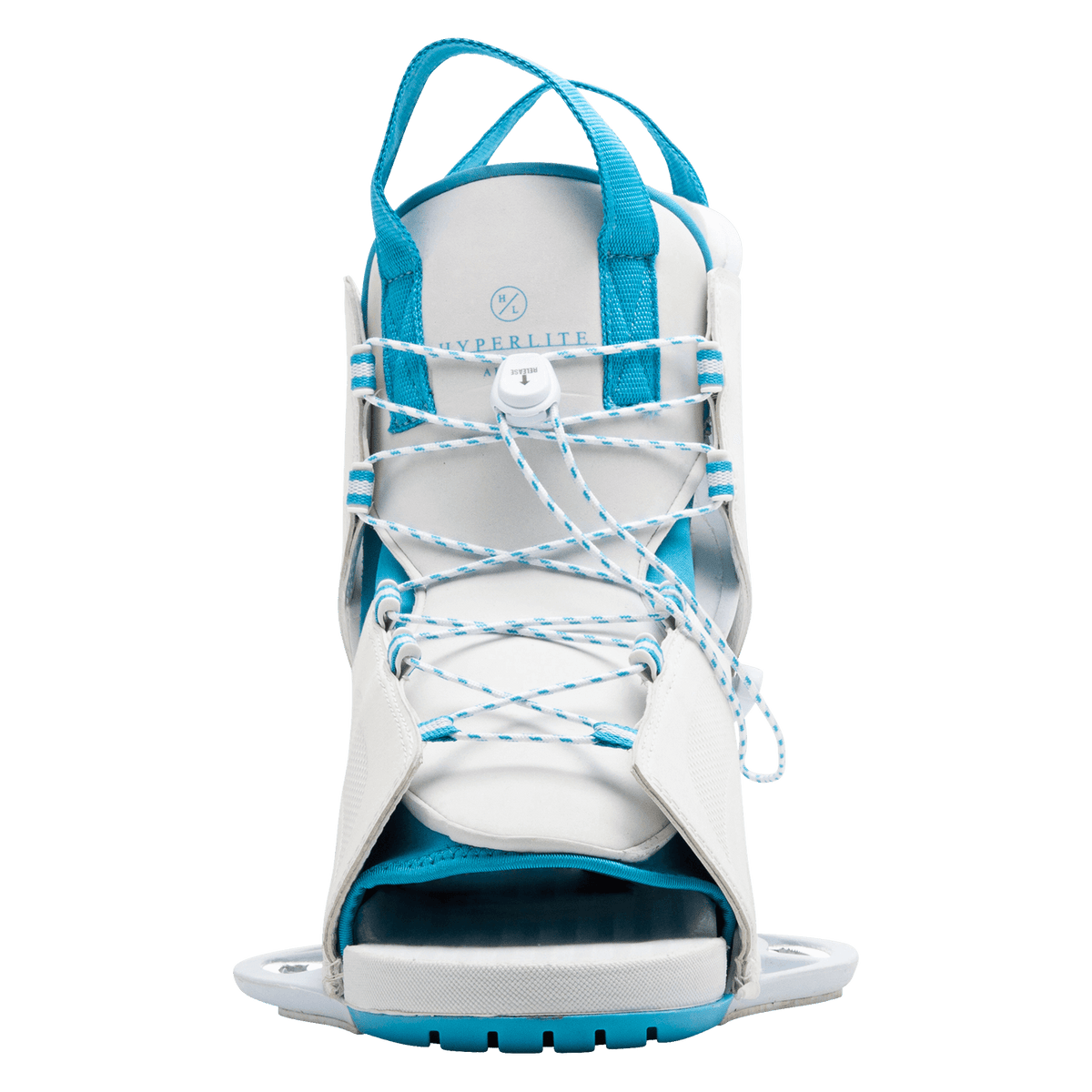 Front view of the Allure Binding, a white and blue boot with laces, straps, Low Pro Plate System.