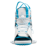 Front view of the Allure Binding, a white and blue boot with laces, straps, Low Pro Plate System.