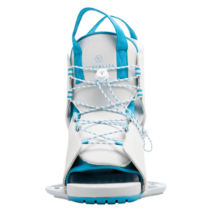 Front view of the Allure Binding, a white and blue boot with laces, straps, Low Pro Plate System.