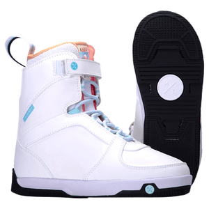 Aries Boot 2024: White snowboarding boots with orange/blue accents, traction outsole, front lace-up.