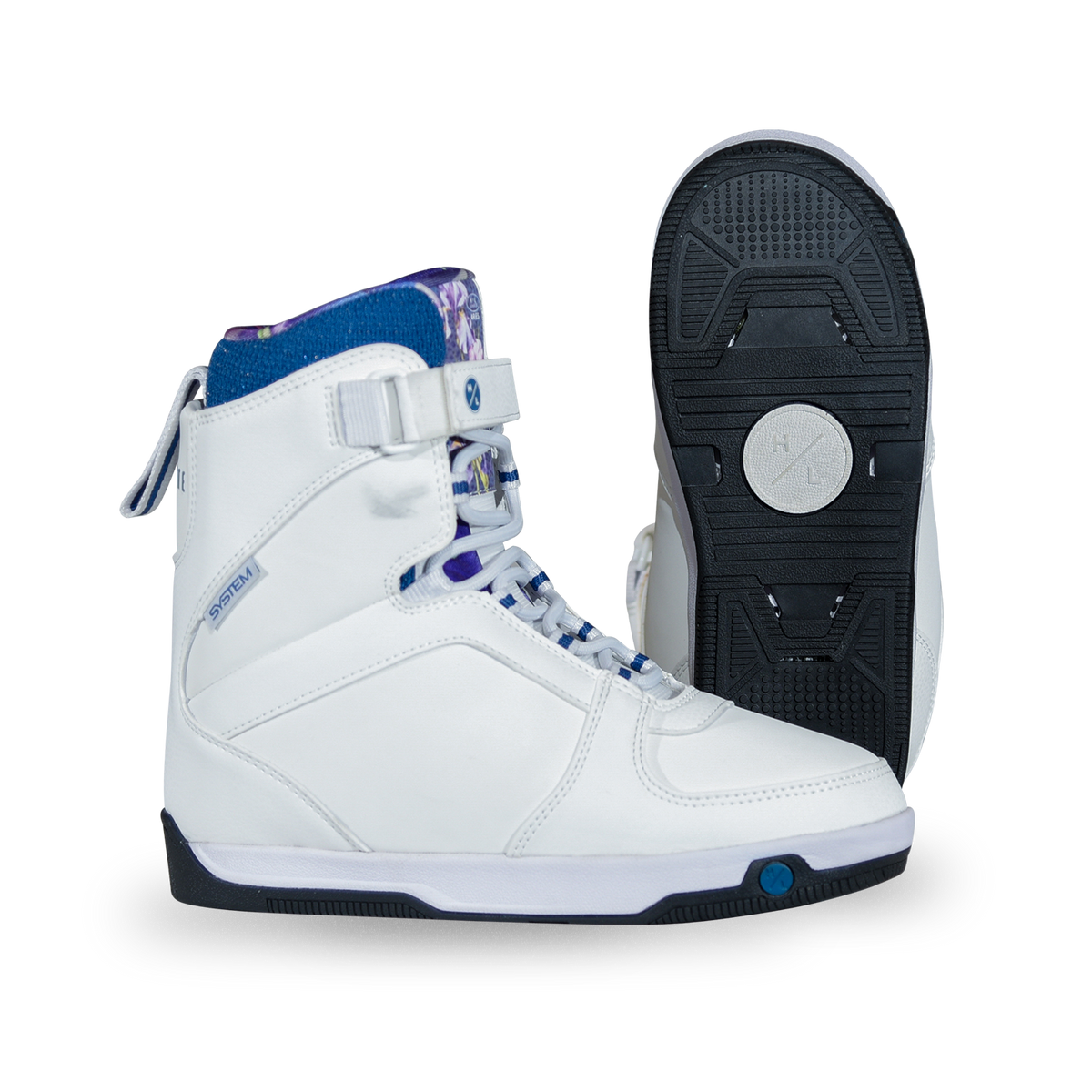 Side and base views of the white Aries Boot with a navy collar, iris floral liner, and black tread sole.