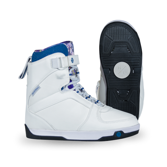Side and base views of the white Aries Boot with a navy collar, iris floral liner, and black tread sole.