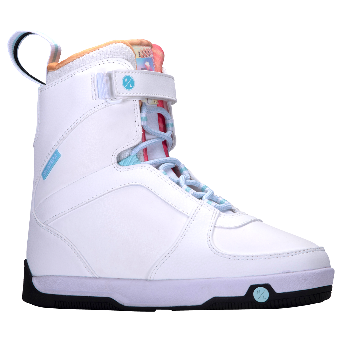 Aries Boot 2024: white snowboard boot, rubber traction sole, colorful interior accents.