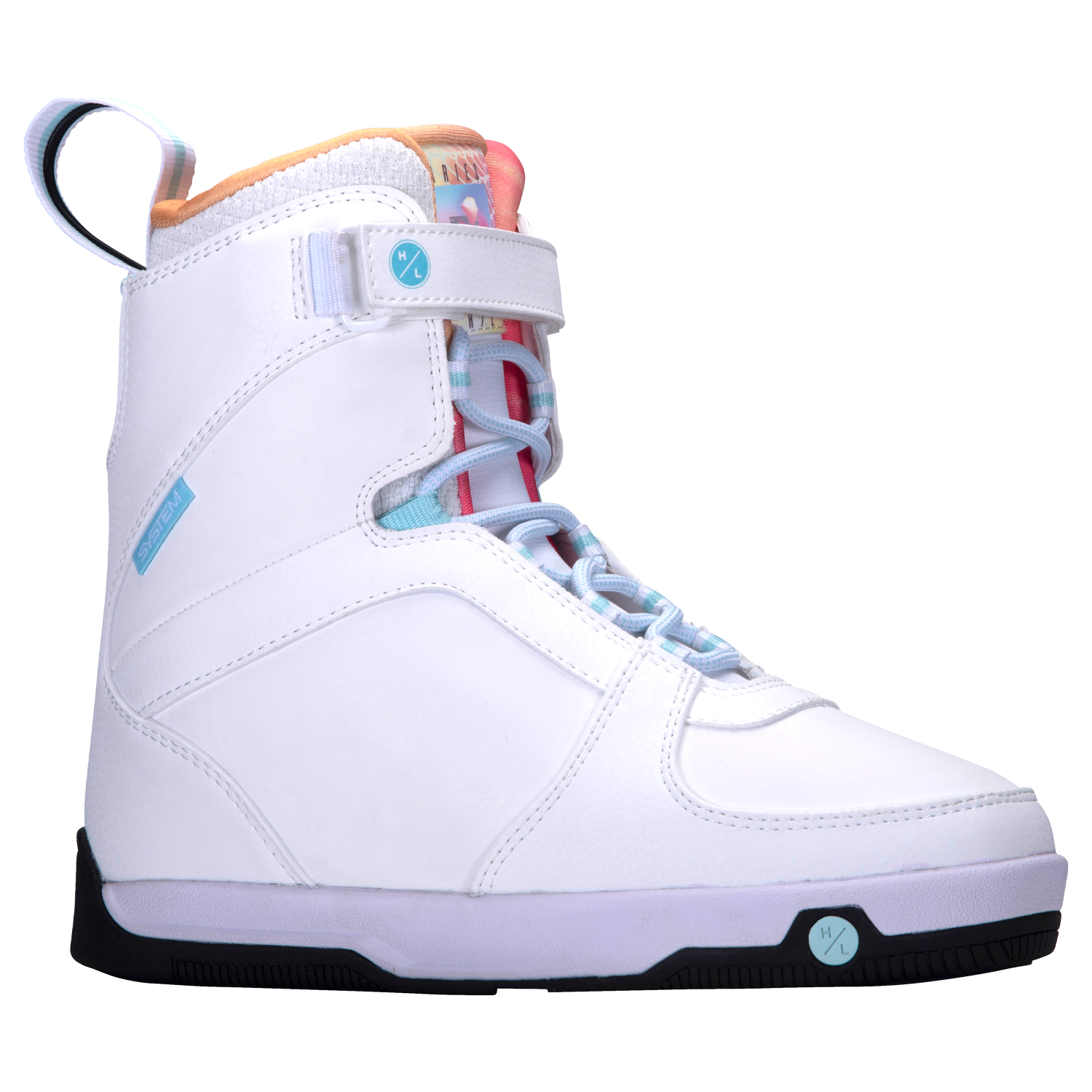 Aries Boot 2024: white snowboard boot, rubber traction sole, colorful interior accents.
