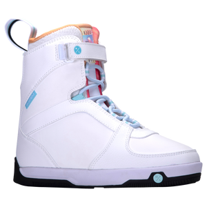 Aries Boot 2024: white snowboard boot, rubber traction sole, colorful interior accents.