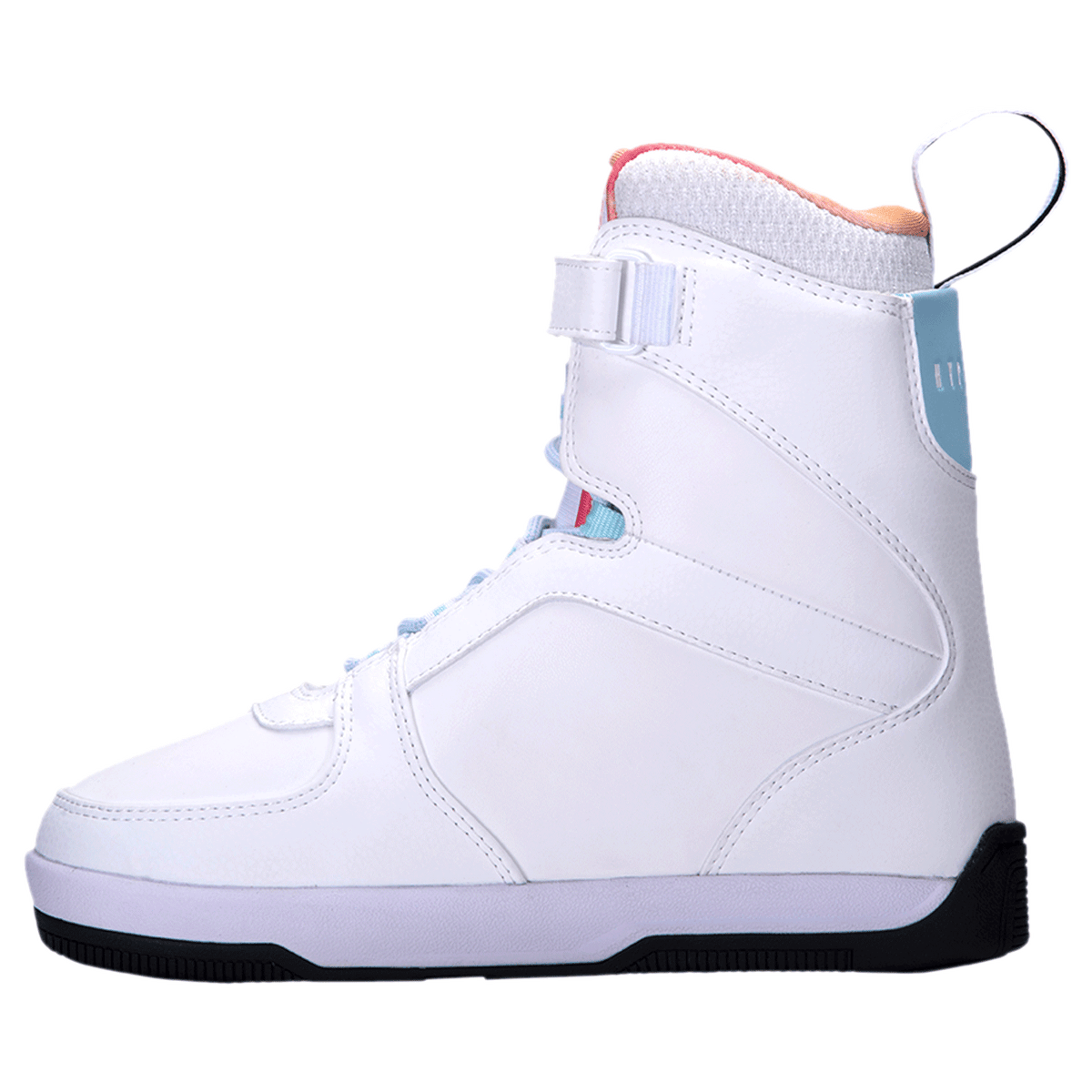 Aries Boot 2024: High-top sneaker, black sole, blue accents, rubber traction outsole.