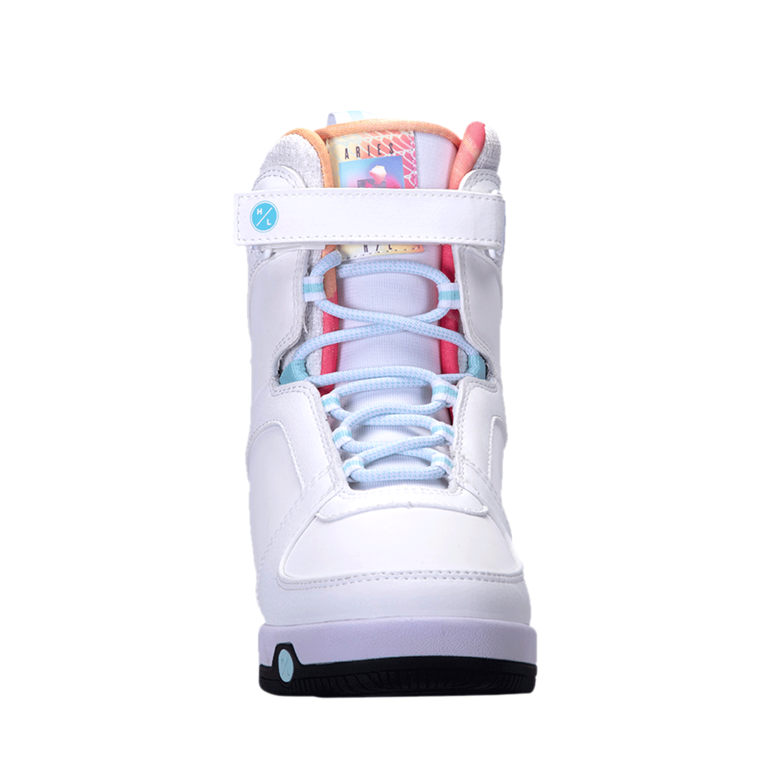Front view of the colorful Aries Boot 2024, a high-top snowboard boot with laces and moldable liner.