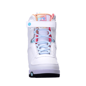 Front view of the colorful Aries Boot 2024, a high-top snowboard boot with laces and moldable liner.