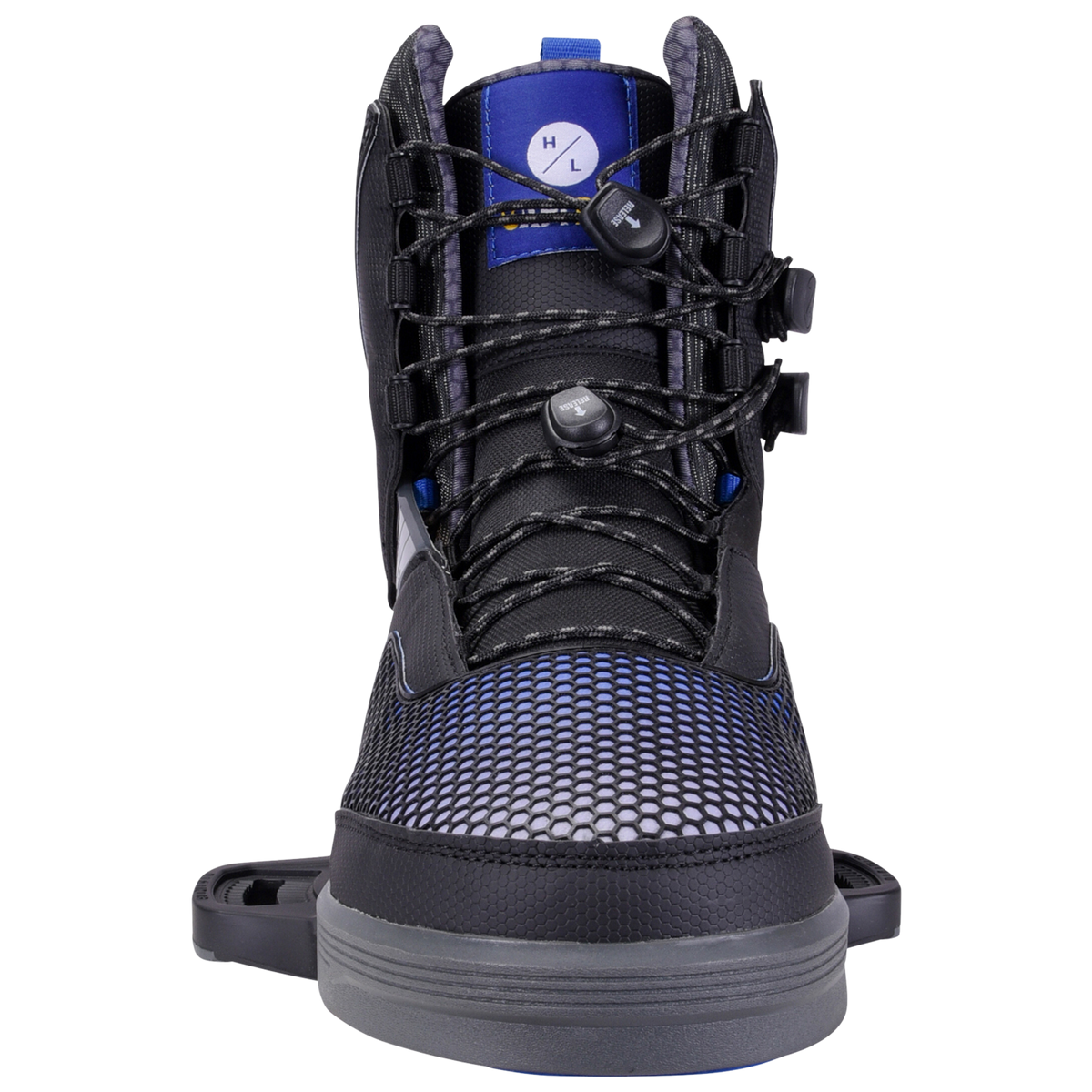Front view of Capitol Binding black sneaker with blue accents and a Fusion Plate system.