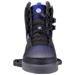 Front view of Capitol Binding black sneaker with blue accents and a Fusion Plate system.