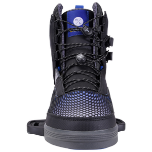 Front view of Capitol Binding black sneaker with blue accents and a Fusion Plate system.