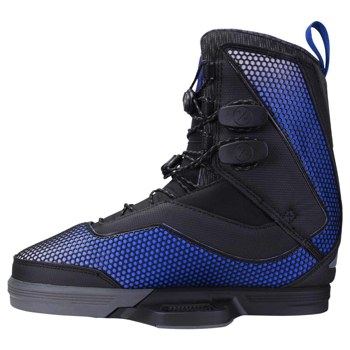 Black and blue high-top boot with textured pattern, featuring Capitol Binding.