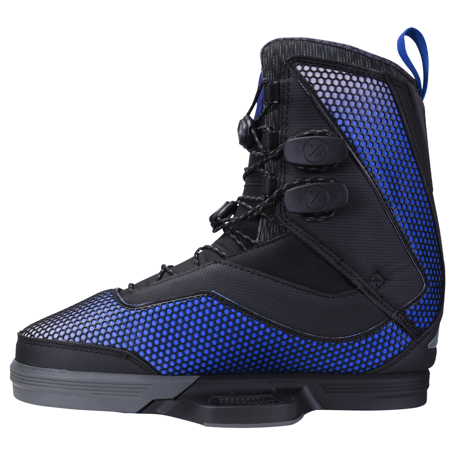 Black and blue high-top boot with textured pattern, featuring Capitol Binding.