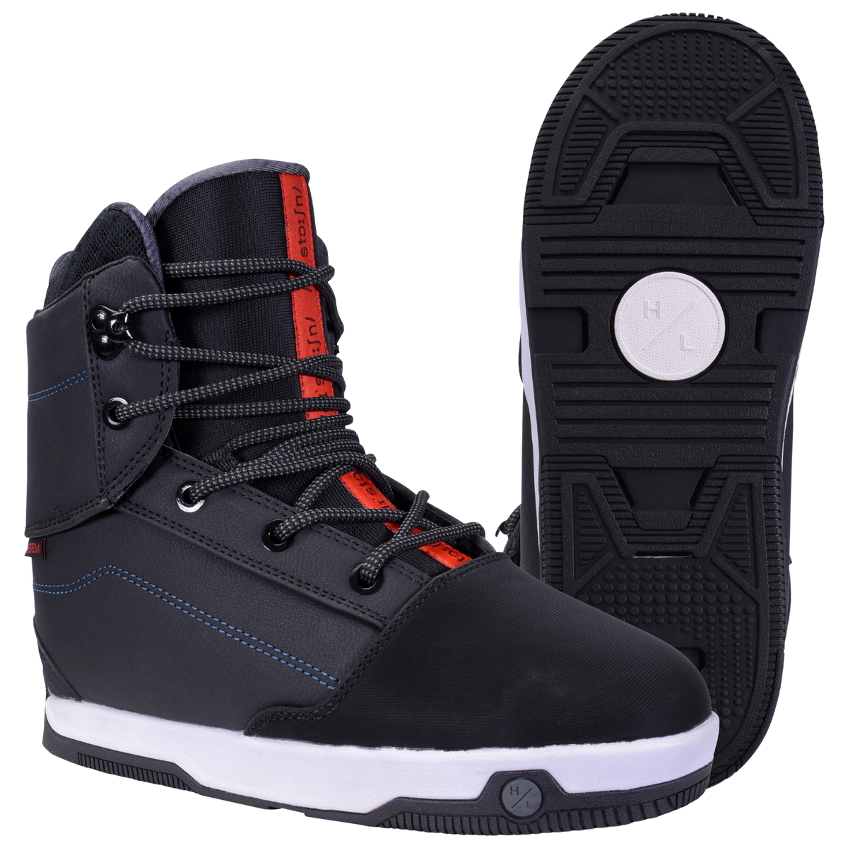 Black/red bindings with Distortion Boot & textured undersides, ideal for hoverboard riding.