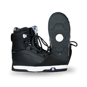 Side and base views of the black Distortion Boot with lavender hooks, a white midsole, and black tread.