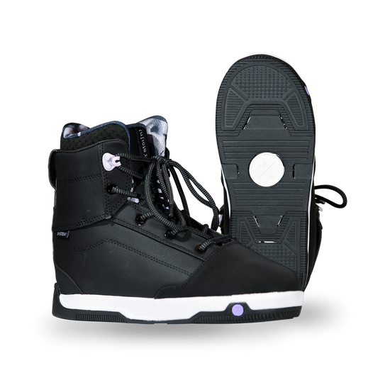 Side and base views of the black Distortion Boot with lavender hooks, a white midsole, and black tread.