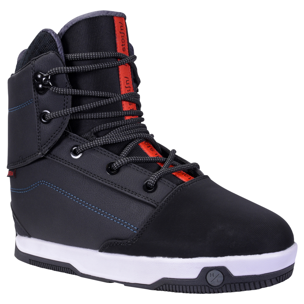 Distortion Boot: black/red snowboard boot with white sole, and 3D Heat Moldable Pro Liner.
