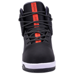 The Distortion Boot is a black high-top sneaker with red accents and a white sole.