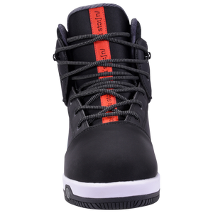 The Distortion Boot is a black high-top sneaker with red accents and a white sole.