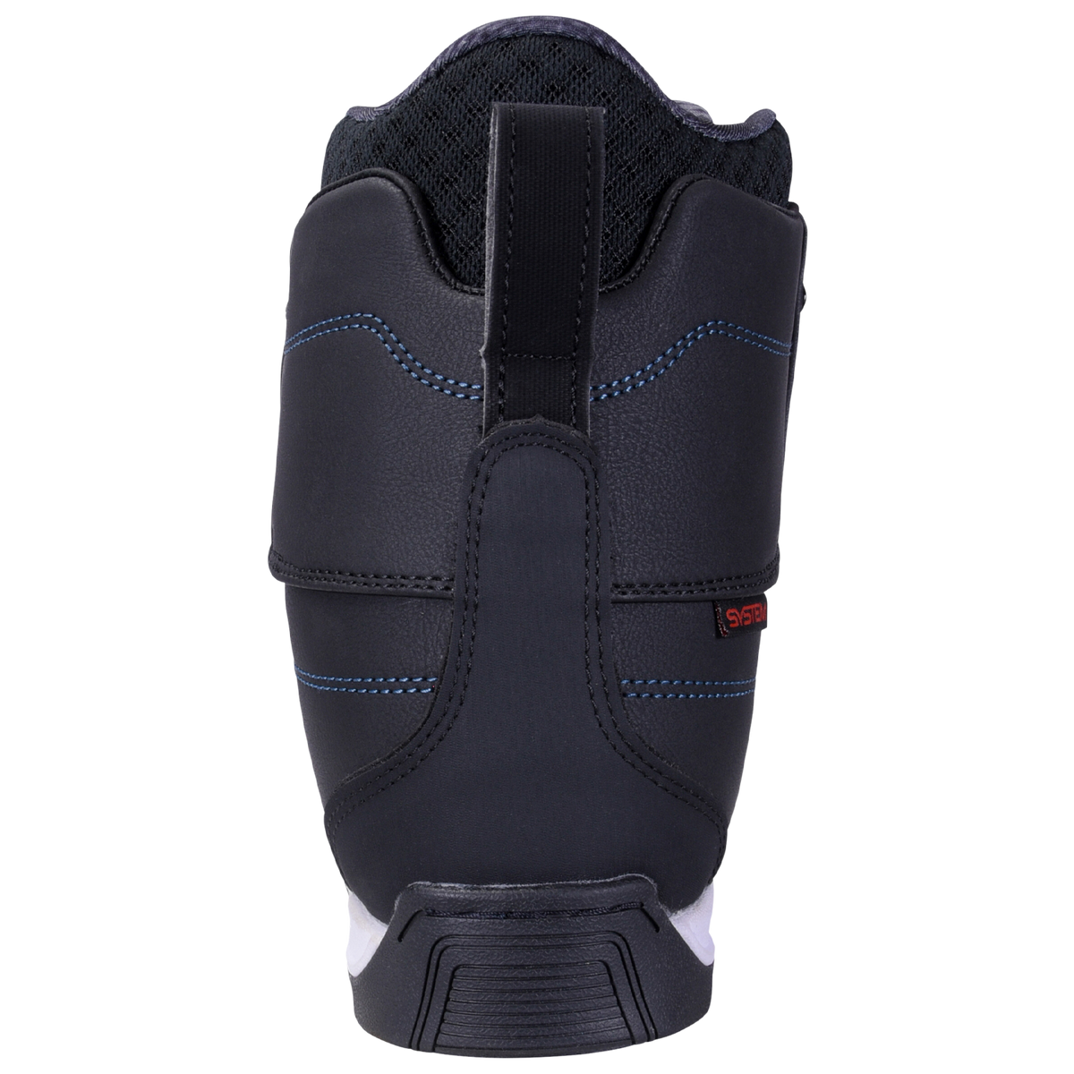 Distortion Boot: Black boot, blue stitching, red tag rear view.