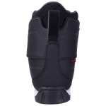 Distortion Boot: Black boot, blue stitching, red tag rear view.