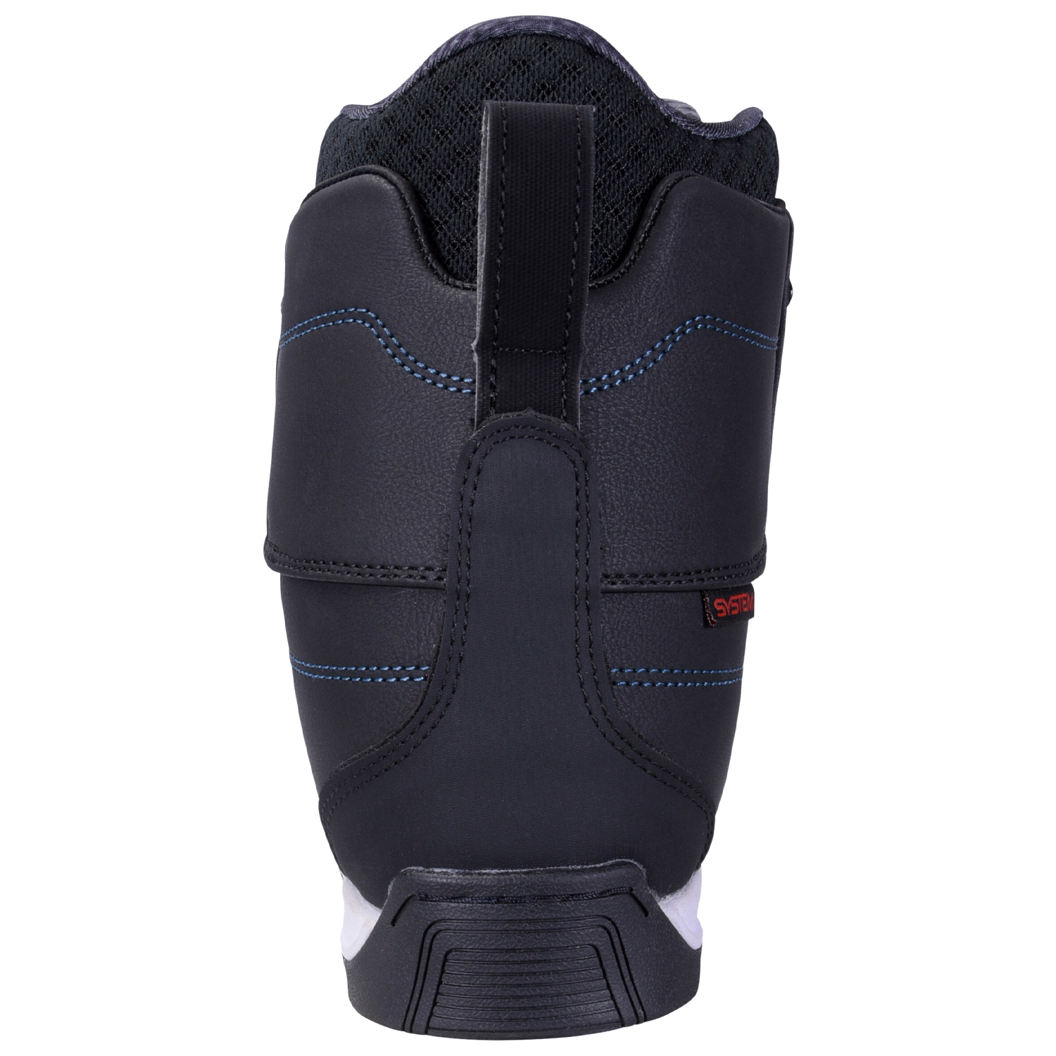 Distortion Boot: Black boot, blue stitching, red tag rear view.