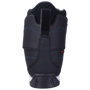 Distortion Boot: Black boot, blue stitching, red tag rear view.