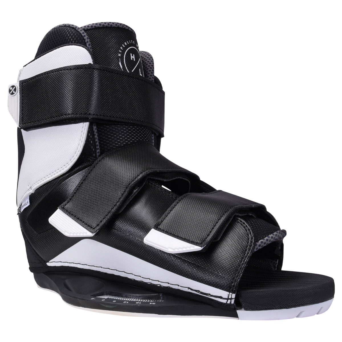 Black & white wakeboard boot with adjustable Formula Binding straps.